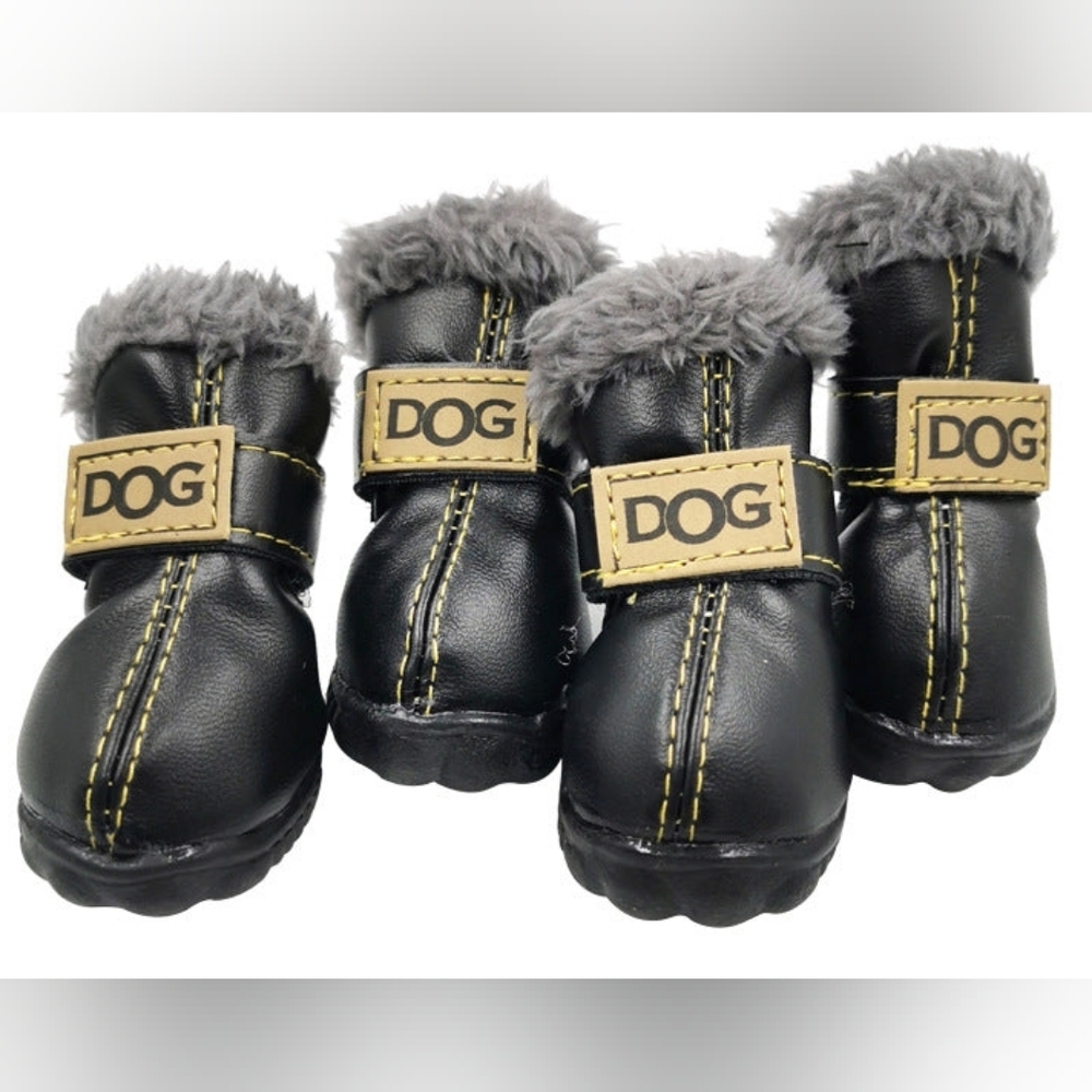 Black Faux Leather Dog Boots with Gray Fur Trim
